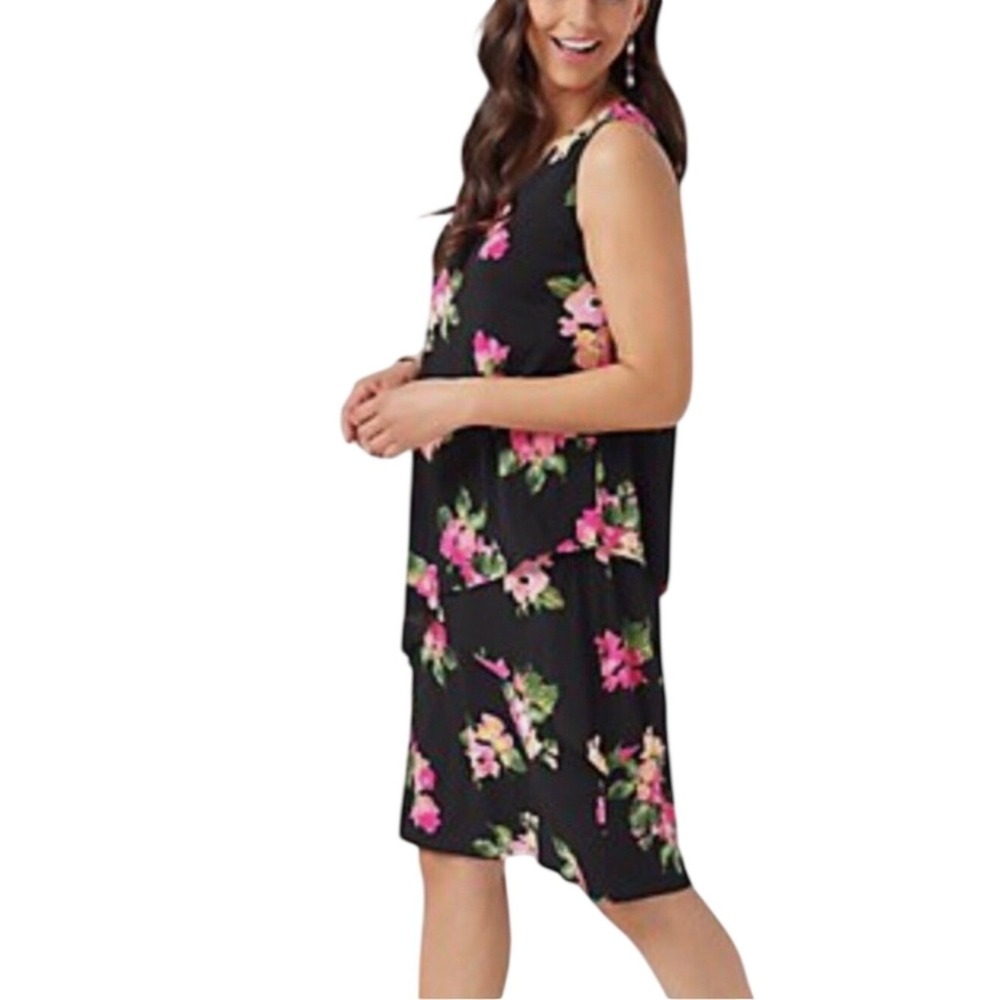SUSAN GRAVER Liquid Knit Large Black Floral Layered Sleeveless VNeck Midi Dress